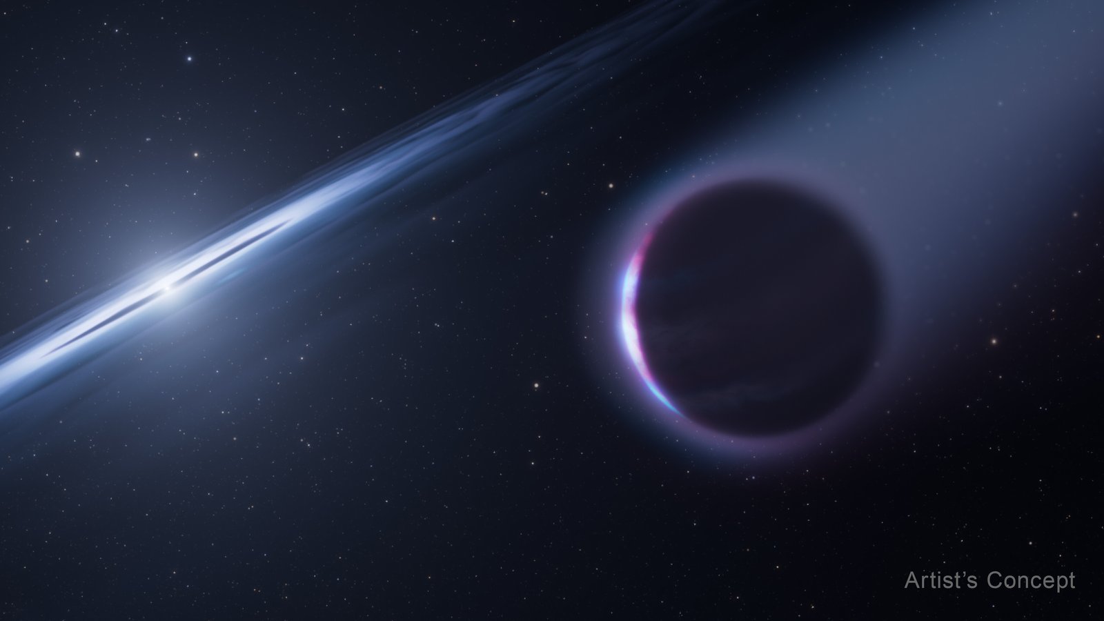 Artist concept of a dark gas giant planet with a faint tail of gas orbiting a small bright white dwarf star ringed by a thin disk