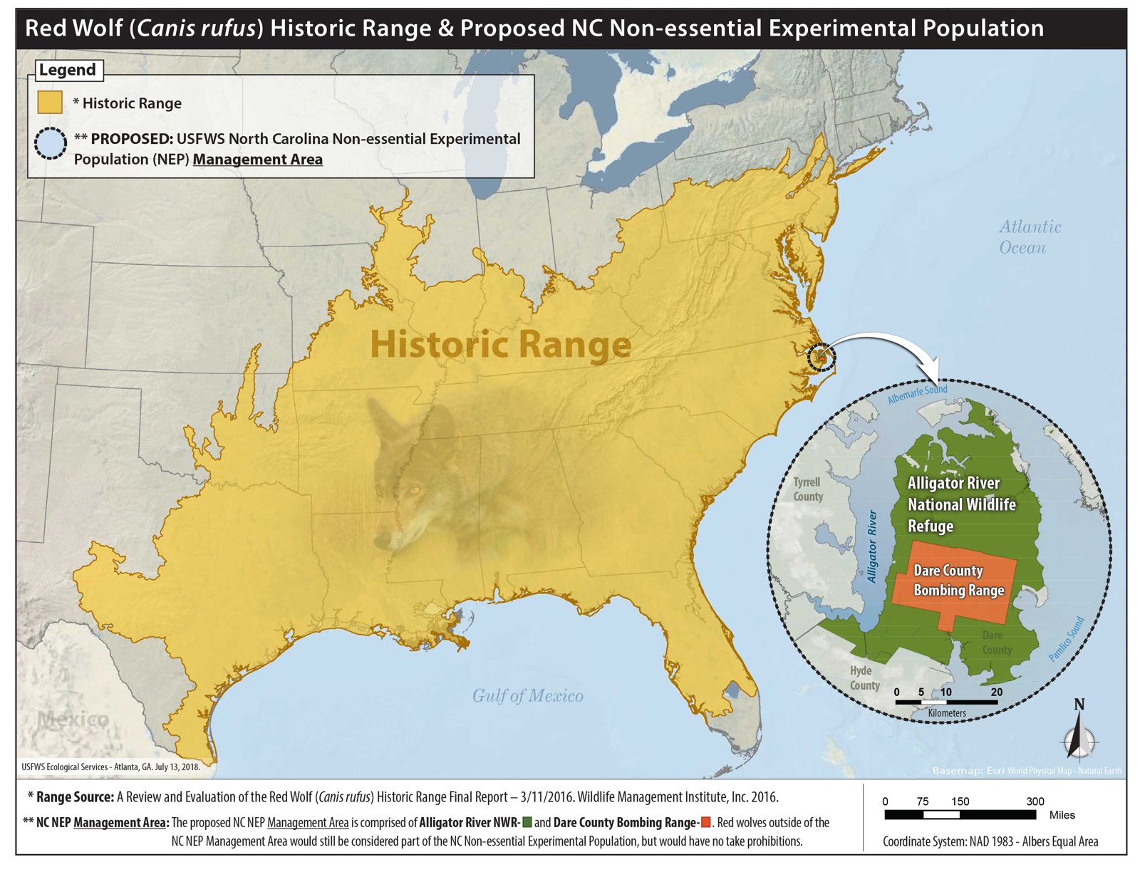 Map of the red wolf's historic range and the current experimental population area in eastern North Carolina